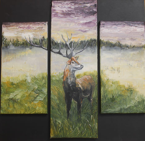 Chevreuil du matin 2023 huile sur toile triptyque fixe