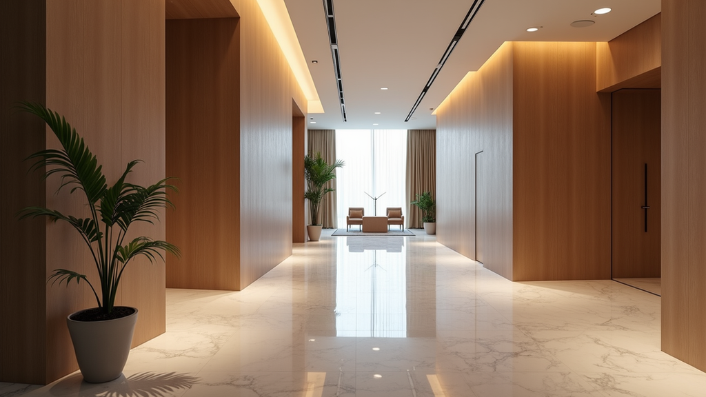 Eye-level view of a modern hotel lobby with minimalist design