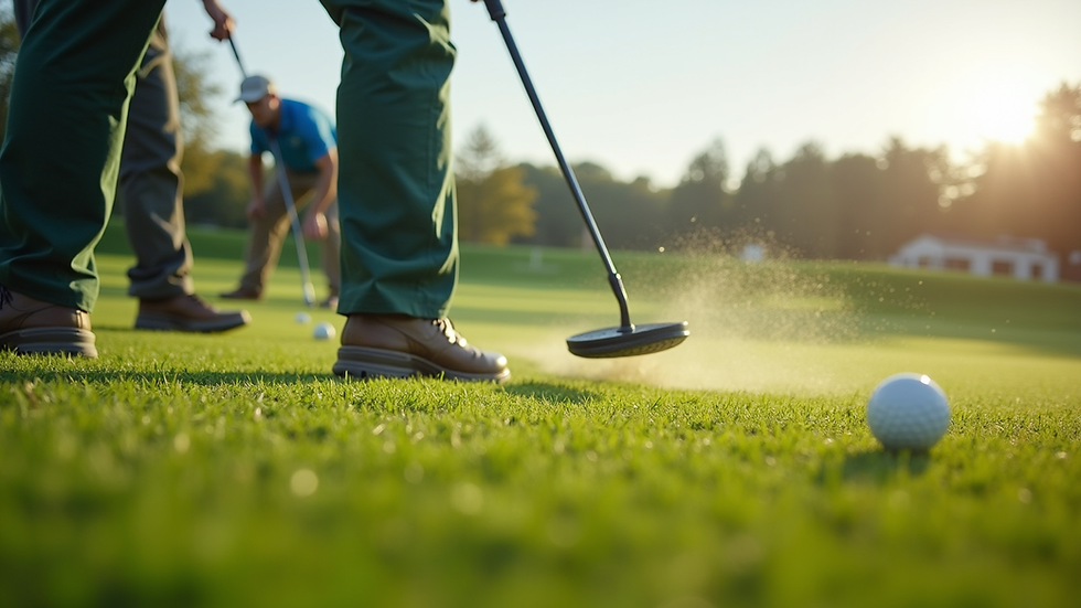 Eye-level view of a golf course maintenance team working on the greens