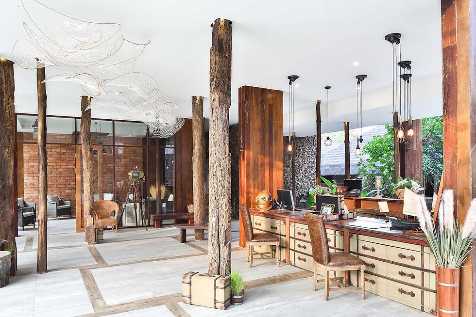 Eye-level view of a modern hotel lobby with elegant interior design