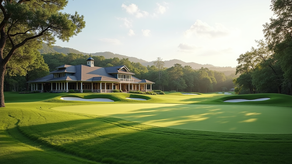 Wide angle view of a golf course clubhouse with manicured lawns