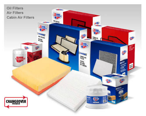 Oil, air, and cabin auto parts filters and packaging.