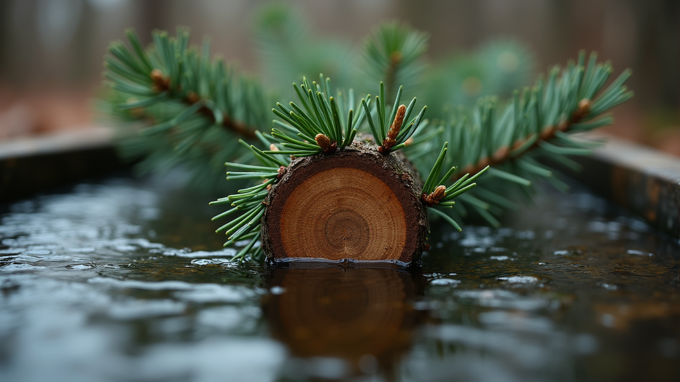 Eye-level view of a freshly cut Christmas tree trunk in a water-filled stand