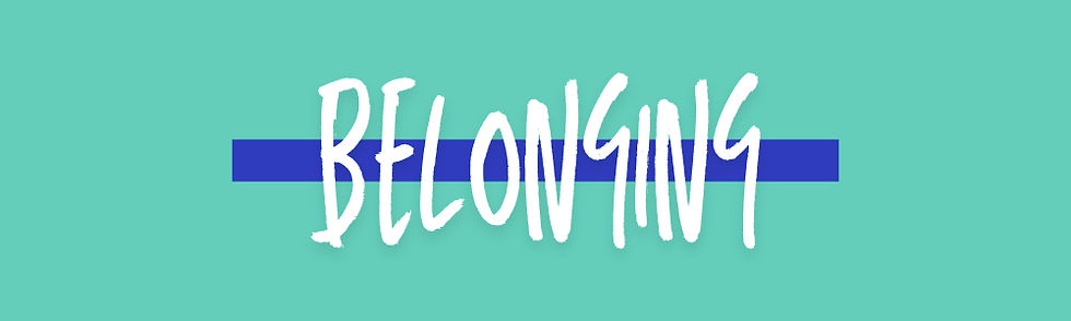 light green background with the word belonging written in white text over a narrow blue rectangle