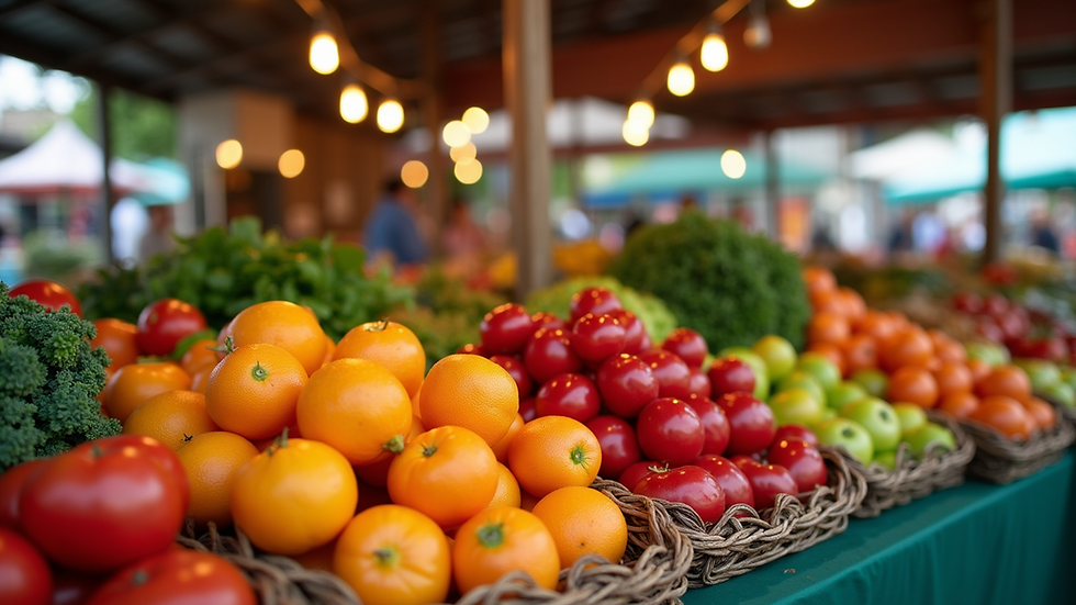 Eye-level view of a vibrant market stall filled with fresh produce