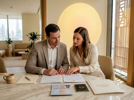 Couple preparing marriage paperwork in office