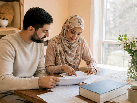Christian Muslim couple reviewing marriage paperwork
