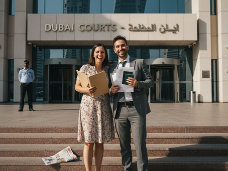 Expat couple holding marriage documents outside Dubai courthouse