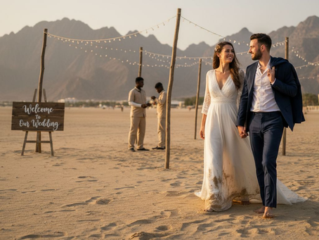 Expat wedding couple at sunset on Ras Al Khaimah beach
