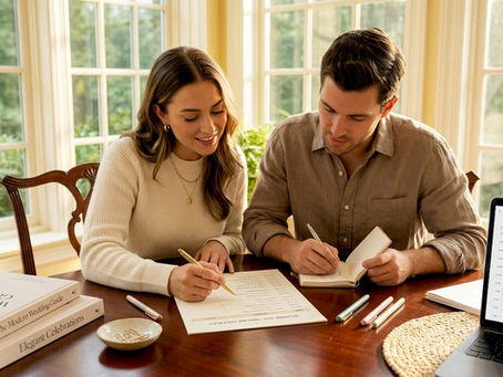 Couple reviewing wedding timeline checklist