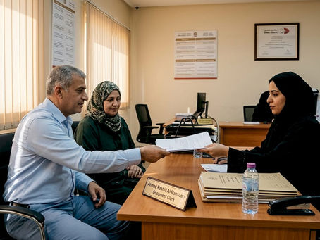 Couple submitting marriage documents at Sharia office