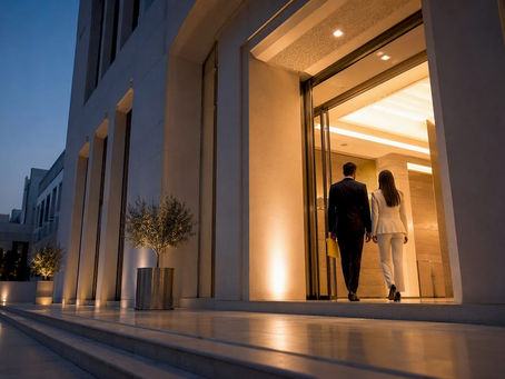 Abu Dhabi judicial services entrance at dusk