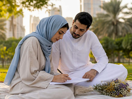 Middle-Eastern couple signing marriage registration documents