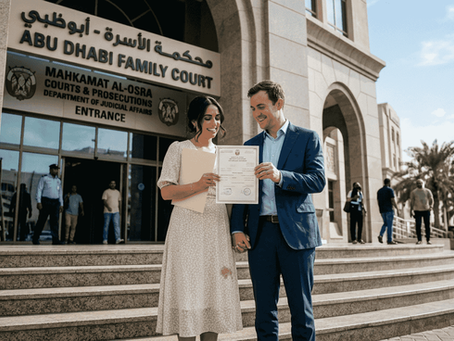 Couple outside Abu Dhabi Family Court with certificate