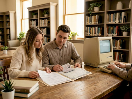 Couple prepping civil wedding paperwork in office