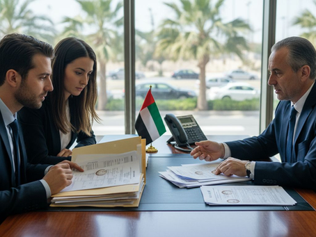 Couple consulting embassy officer in UAE