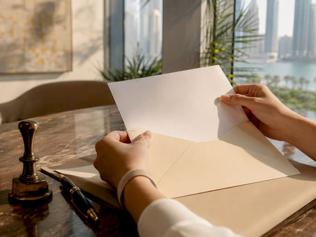 Hands placing marriage certificate in envelope at embassy