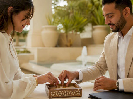 Hands exchanging wedding bands at UAE marriage registration