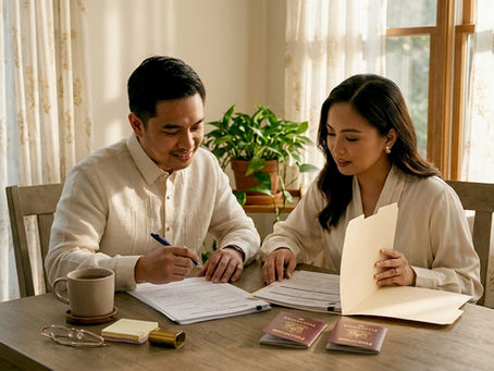 Couple reviewing wedding documents at table