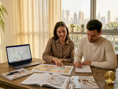 Couple planning wedding timeline together