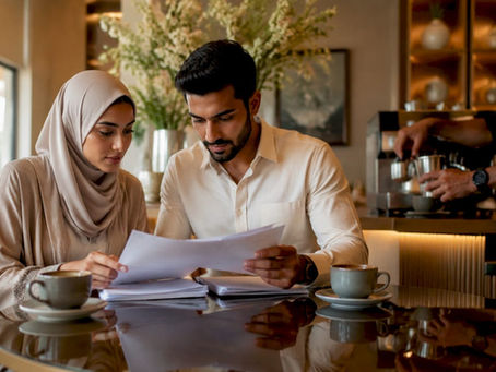 Couple reviewing civil marriage documents in UAE office