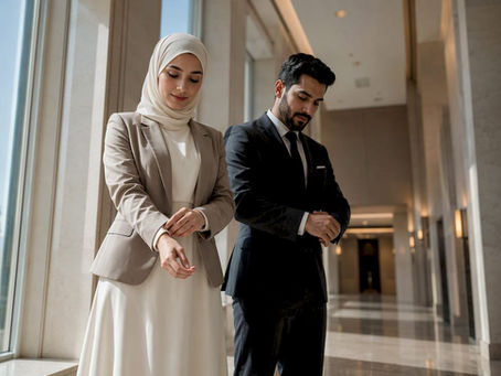 Couple in modest formal courthouse wedding attire