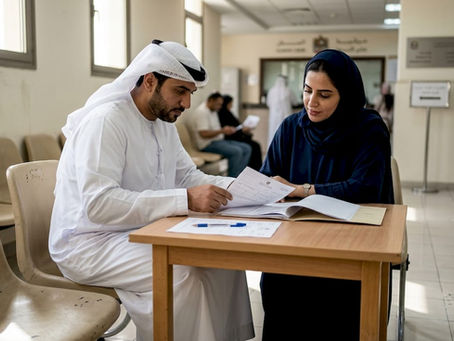 Emirati couple reviewing marriage paperwork