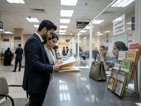 Couple submitting marriage paperwork at UAE courthouse
