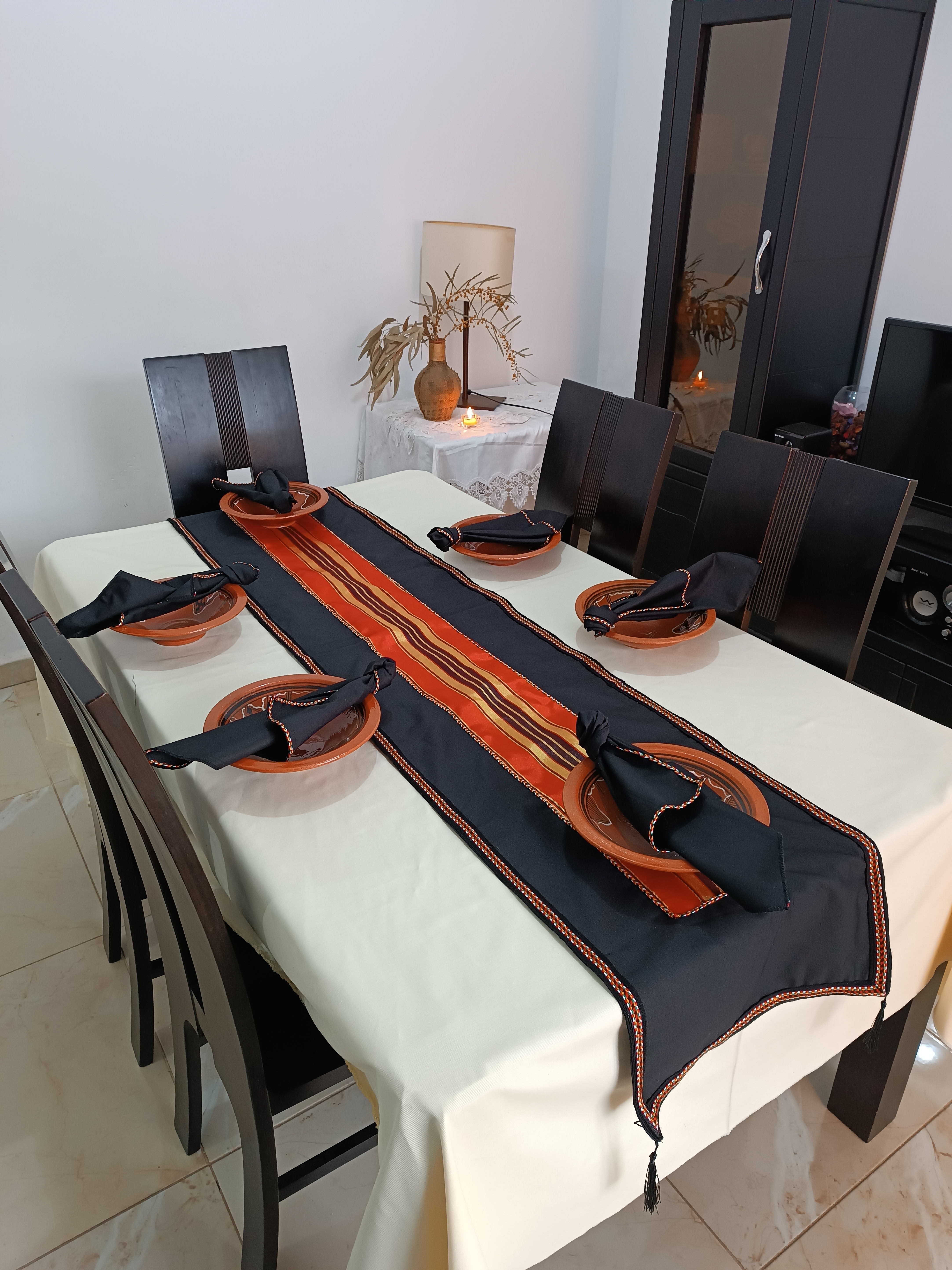 Pack Chemin de Table Fouta Noir + 06 serviettes de Table