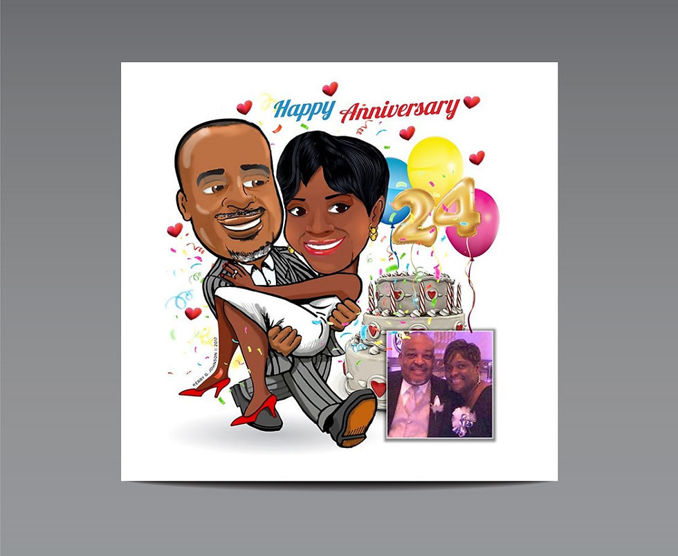 Caricature of couple celebrating anniversary