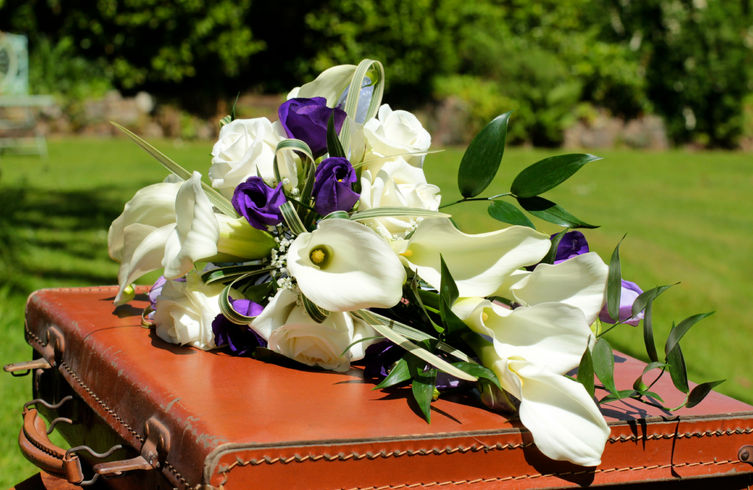 Wired Bridal Bouquet with crystal blush callas, purple lisianthus, gypsophila, avalanche roses and china grass, Edenbridge florist