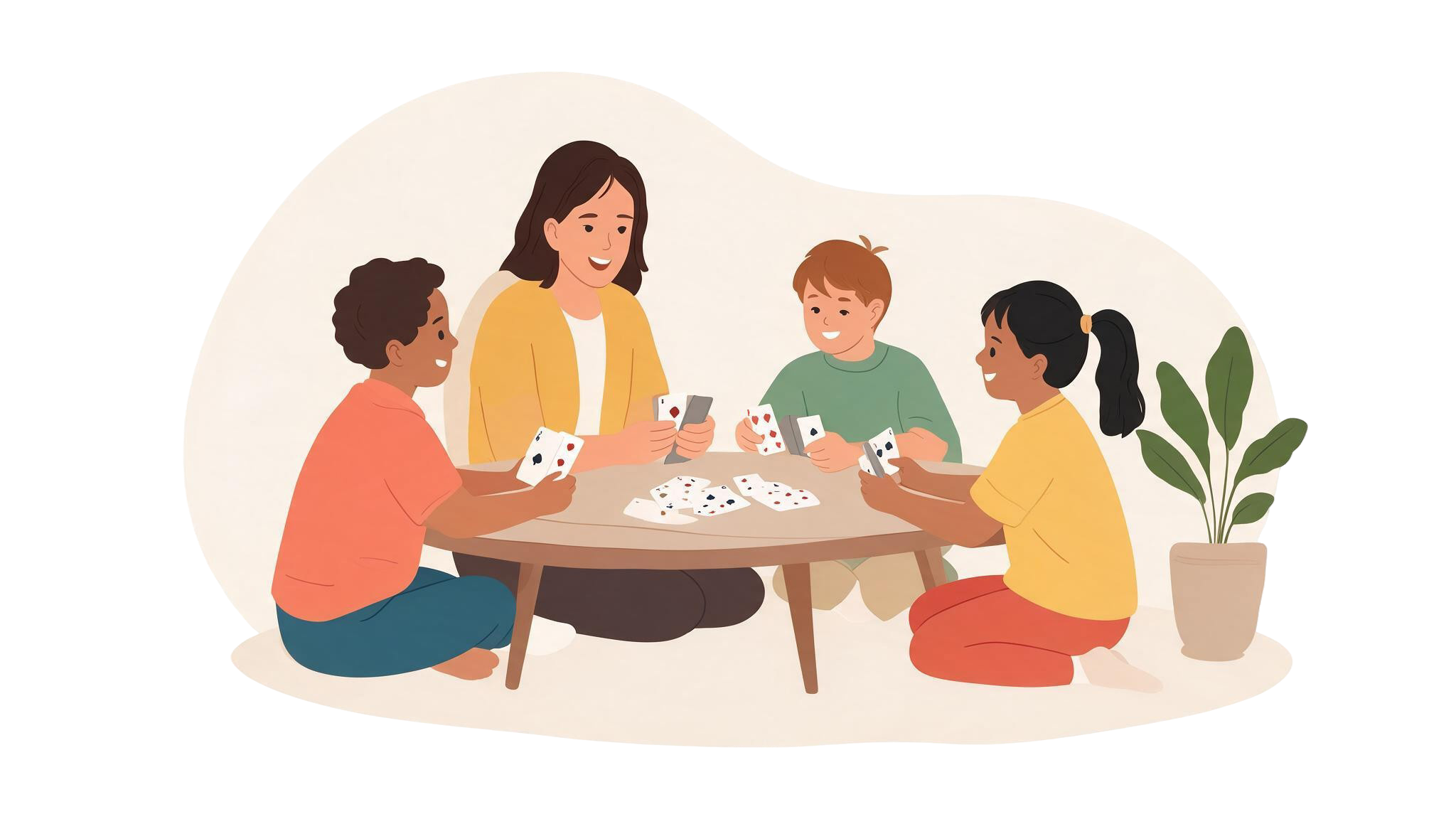 Illustration de 3 enfants qui jouent aux cartes avec un adultes