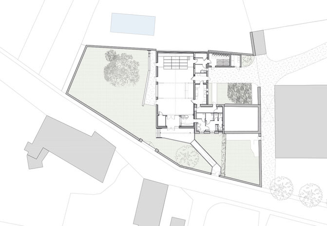 Plan RDC de la salle des fêtes d'Hermeray, Yvelines, Rambouillet, rénovation et extension, salle polyvalente, matériaux biosourcés. Parc naurel de la haute vallée de Chevreuse.