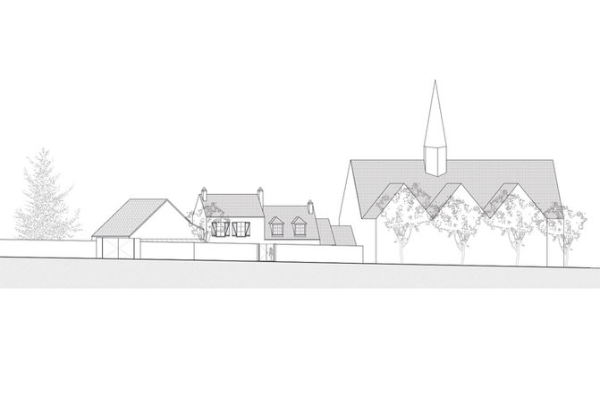 Elevation de la salle des fêtes d'Hermeray, Yvelines, Rambouillet, rénovation et extension, salle polyvalente, matériaux biosourcés. Parc naurel de la haute vallée de Chevreuse.