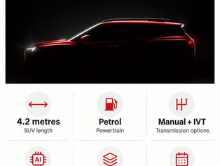 Hyundai Bayon teaser silhouette with ₹11,000 booking amount and key SUV details in an AutoPunditz infographic.