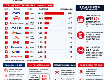 China dominates the global EV battery market with seven of the world's top ten battery manufacturers in 2026, led by CATL and BYD.