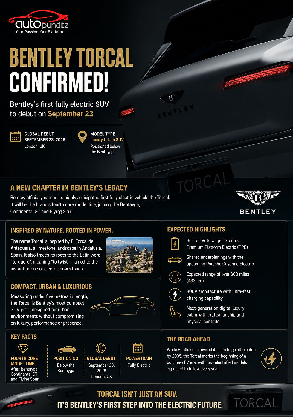 Bentley Torcal rear teaser image showcasing the brand's first fully electric luxury urban SUV ahead of its global debut on September 23.