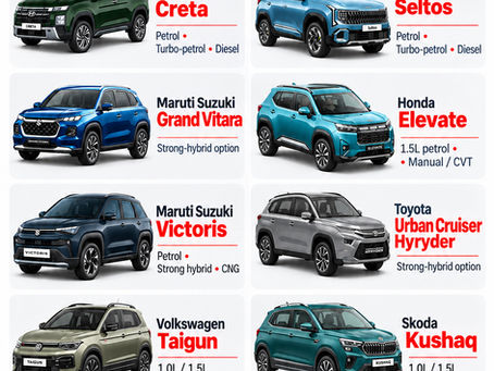 comparing Creta, Seltos, Elevate, Grand Vitara, Hyryder, Victoris, Kushaq, Taigun and Sierra powertrain options.