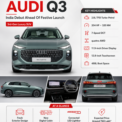 2026 Audi Q3 showcased in India with 2.0-litre turbo-petrol engine, quattro AWD, new digital cabin and expected price around Rs 60 lakh.
