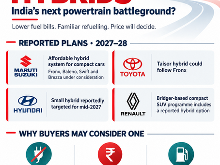 outlining reported small hybrid plans from Maruti Suzuki, Toyota, Hyundai and Renault for India.