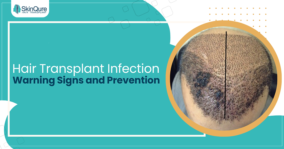 Hair transplant infection warning signs and prevention guide – showing scalp with infection after hair transplant surgery compared to healthy transplanted area.