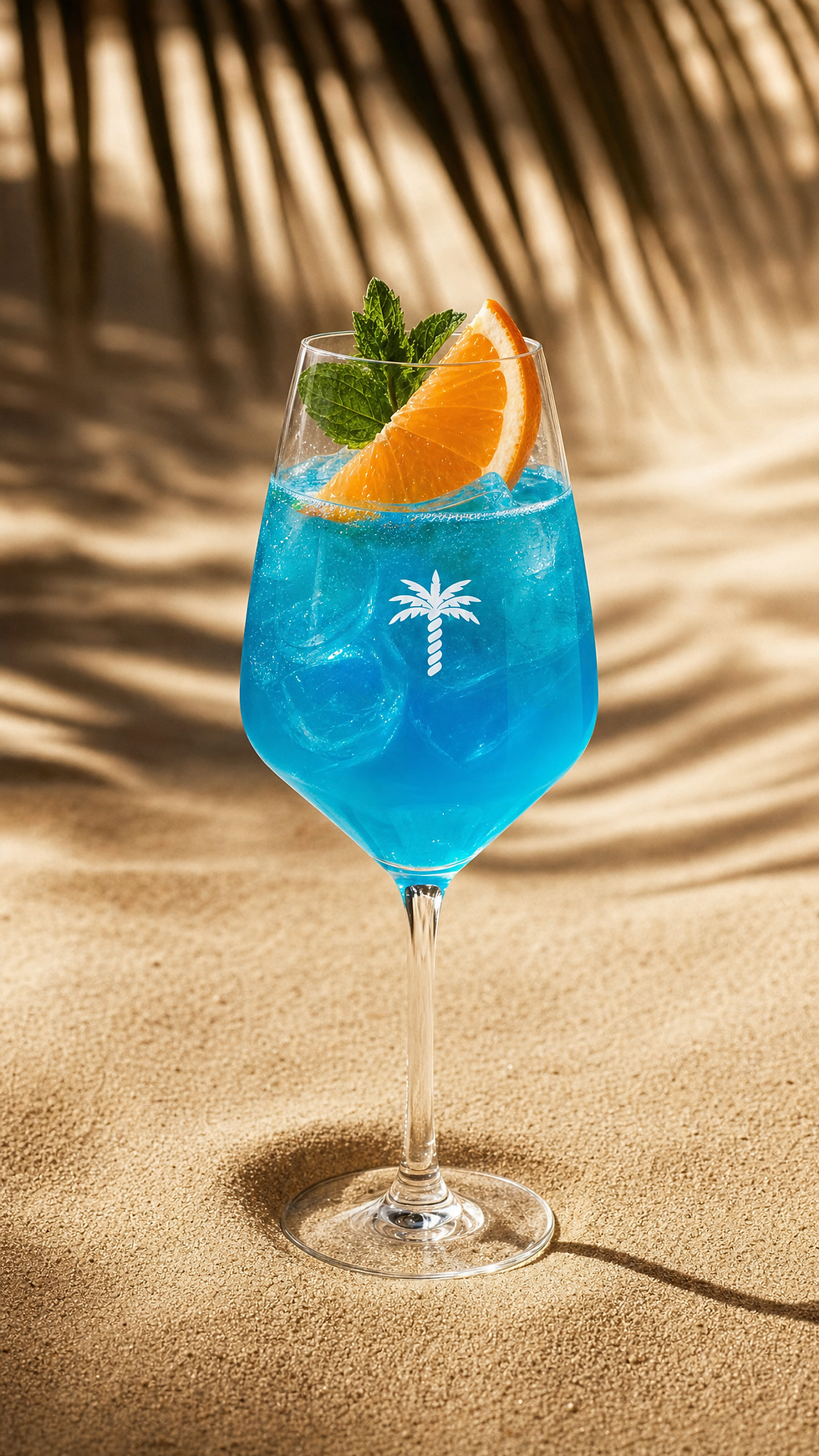 Leuchtend blauer Cocktail mit Eiswürfeln in einem eleganten Weinglas, garniert mit einer Orangenscheibe und frischer Minze. Das Getränk steht auf hellem Sand vor einem tropisch inspirierten Hintergrund mit Palmenschatten und vermittelt sommerliches Urlaubsfeeling.
