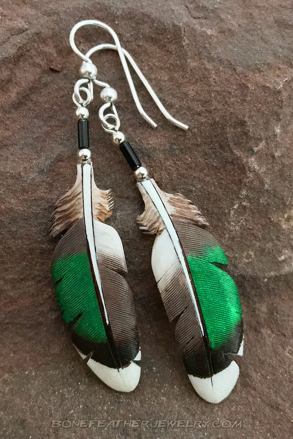 Thumbnail: Green Winged Teal Duck Secondary Bone Feather Earrings
