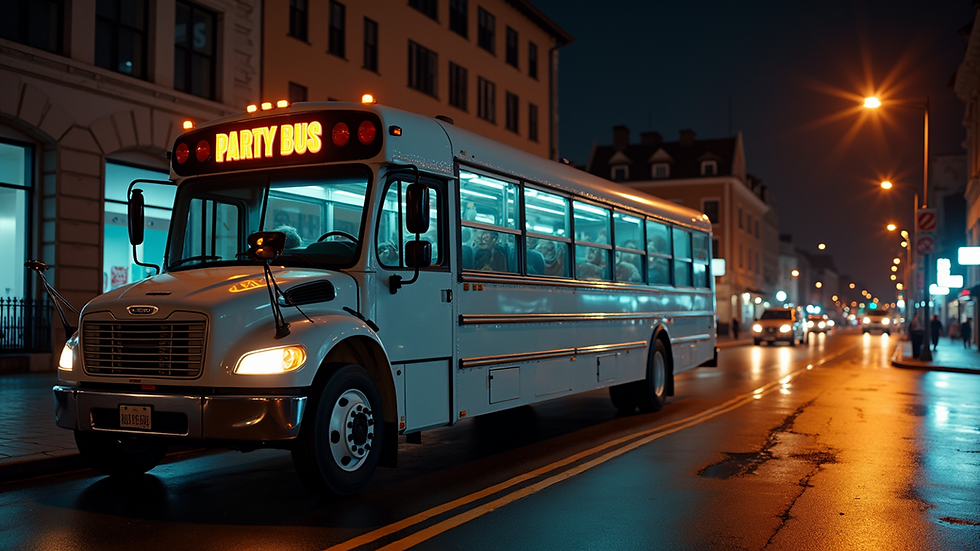 Wide angle view of a party bus exterior parked on a city street at night