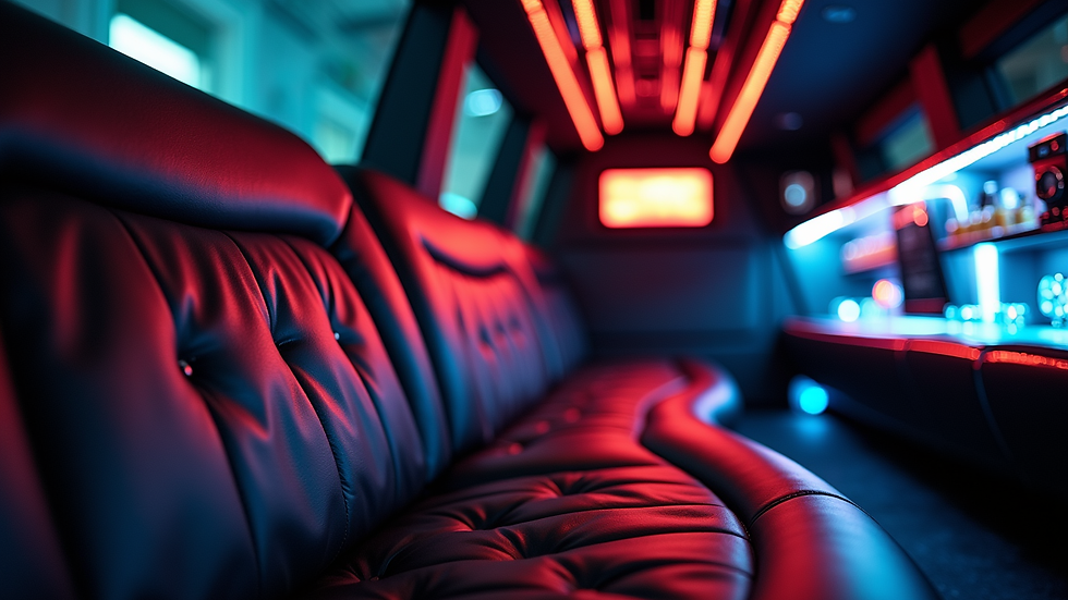 Close-up view of a limousine interior showing plush leather seats and ambient lighting