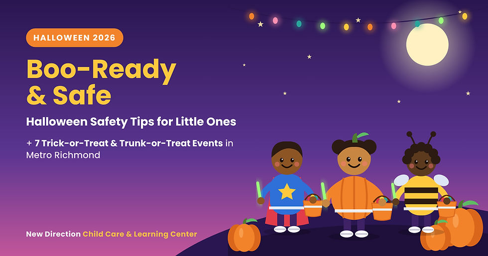 Illustration of smiling children in pumpkin, superhero, and bee costumes holding glow sticks and treat buckets for Halloween safety tips in Richmond, VA