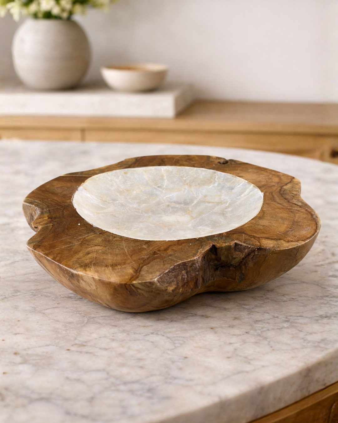 Decorativo de Madera Natural con Plato de Ónix Blanco