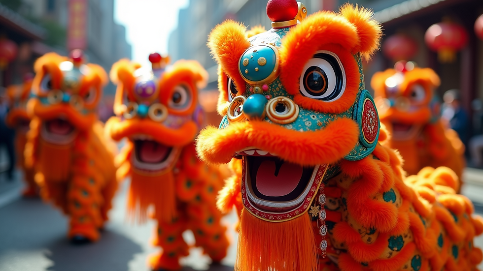 Close-up view of lion dance performers with drums and costumes