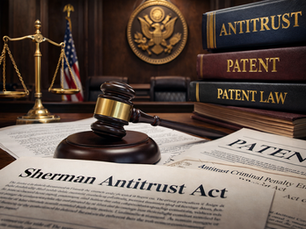 Warm, editorial-style legal image featuring a wooden gavel resting on a desk with legal papers, brass scales of justice, stacked law books, and a courtroom backdrop, representing antitrust law, patent-related issues, and federal enforcement.