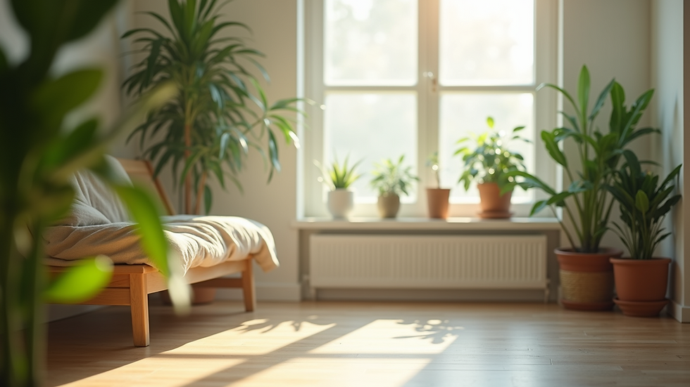 Eye-level view of a serene room with plants and soft lighting